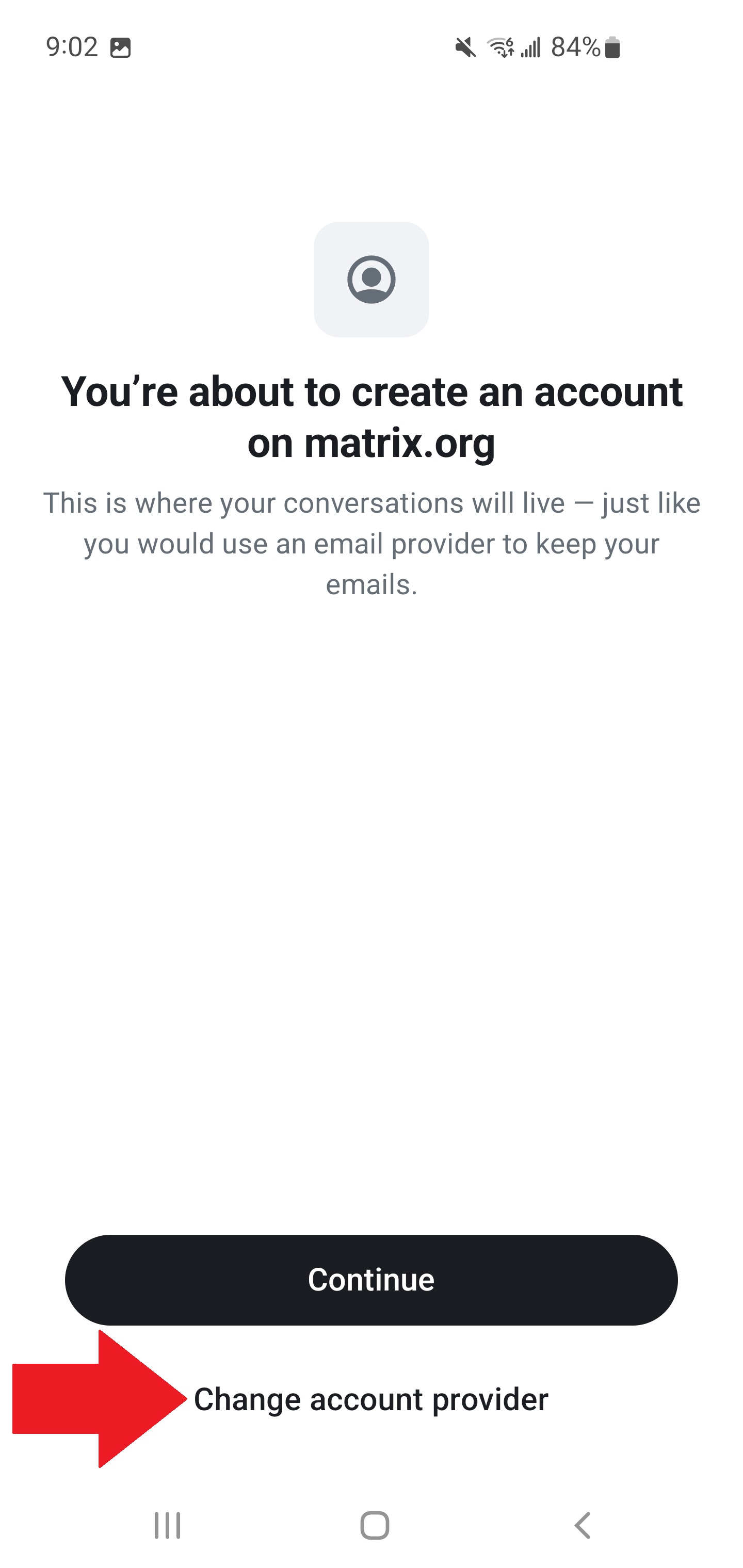 Screen showing 'You're about to create an account on matrix.org' with Change Account Provider link