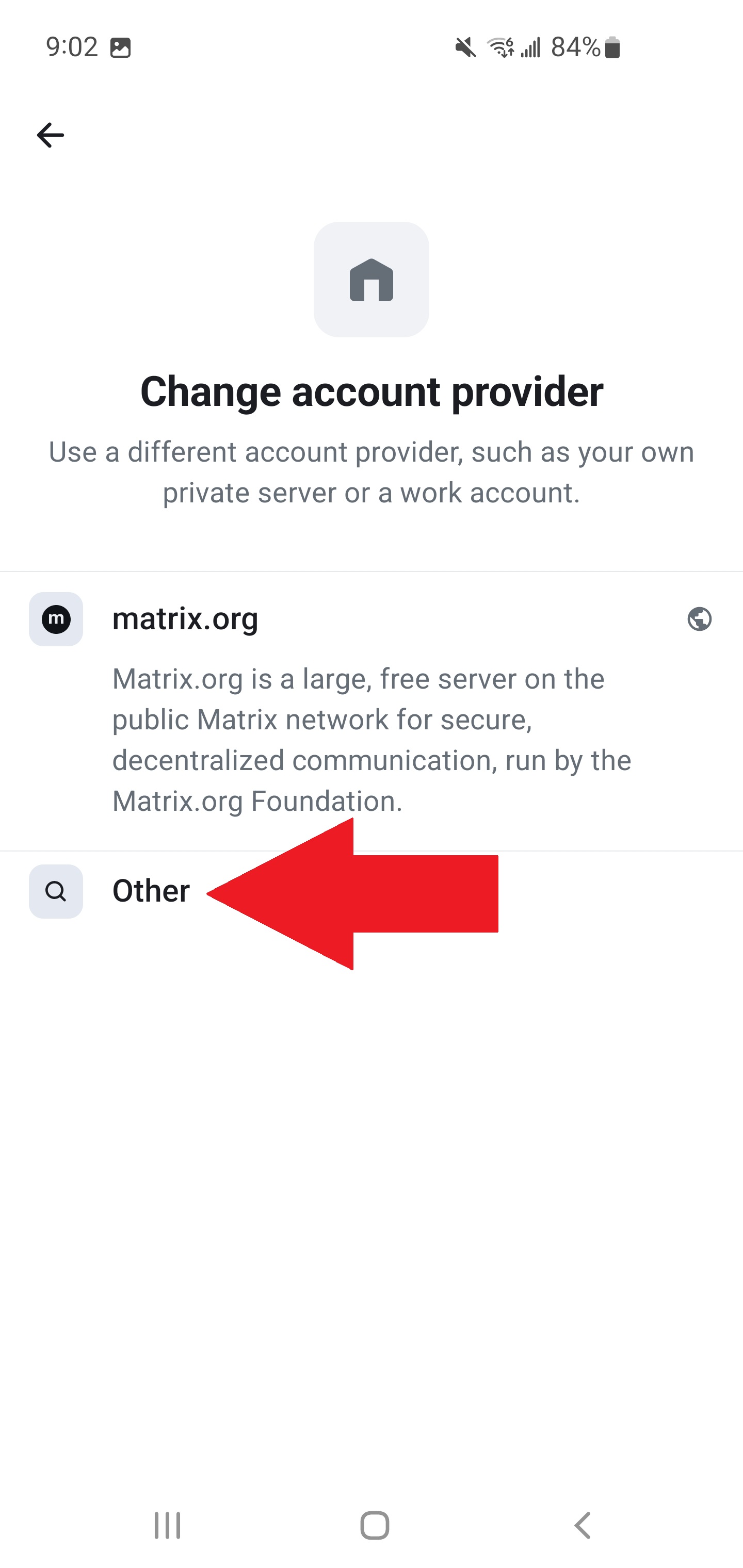 Change Account Provider screen with Other option