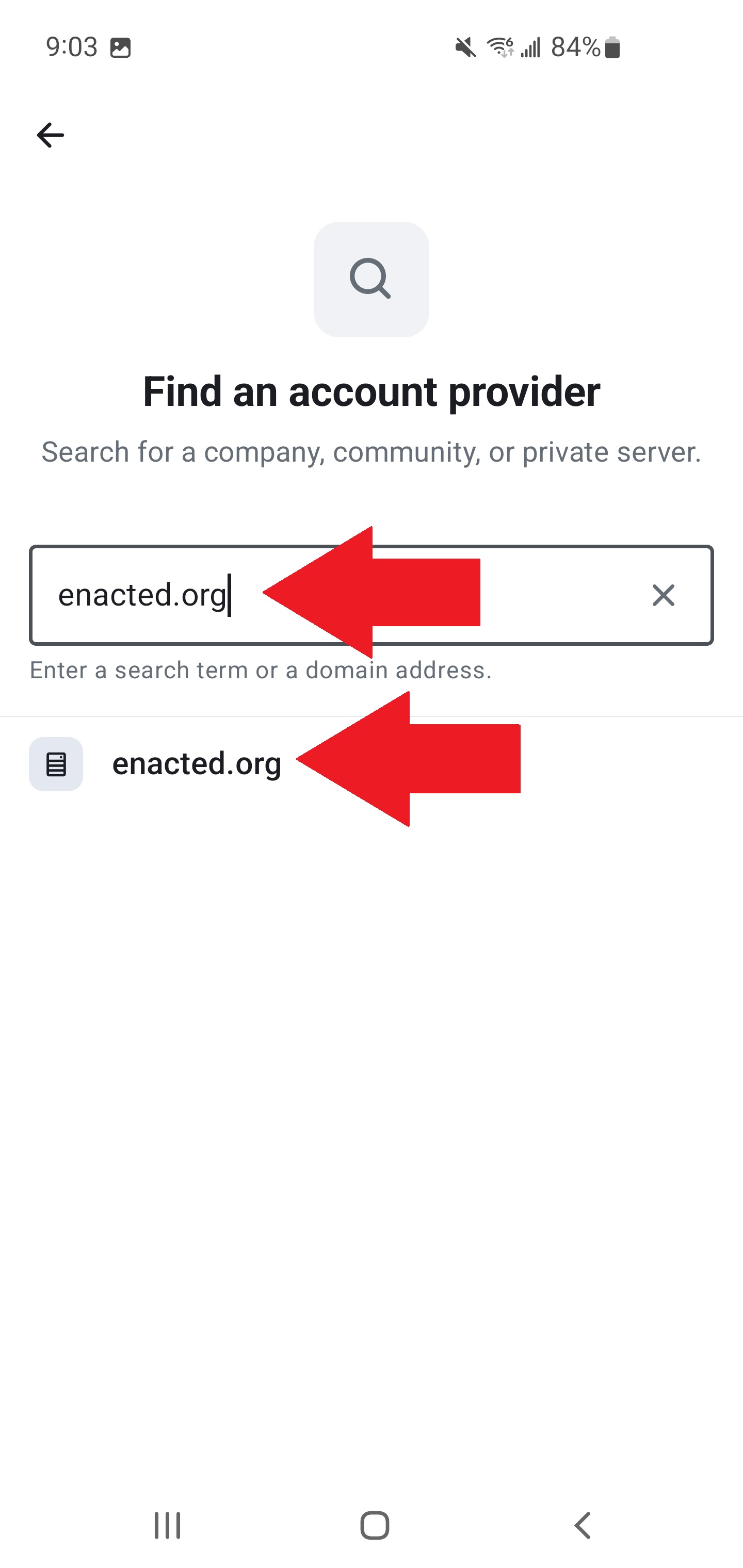 Typing enacted.org into the homeserver field