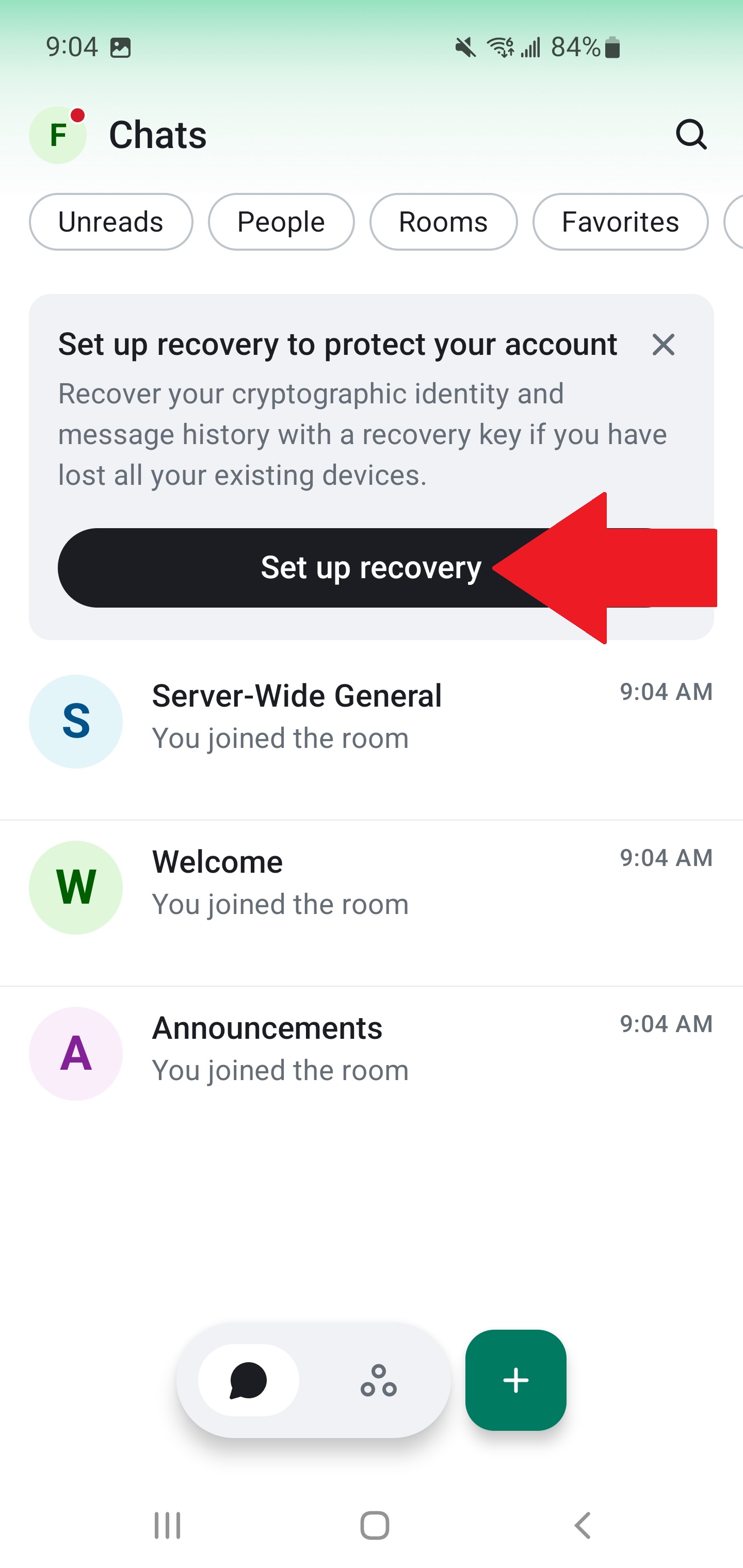 Element X home screen showing Set up Recovery prompt